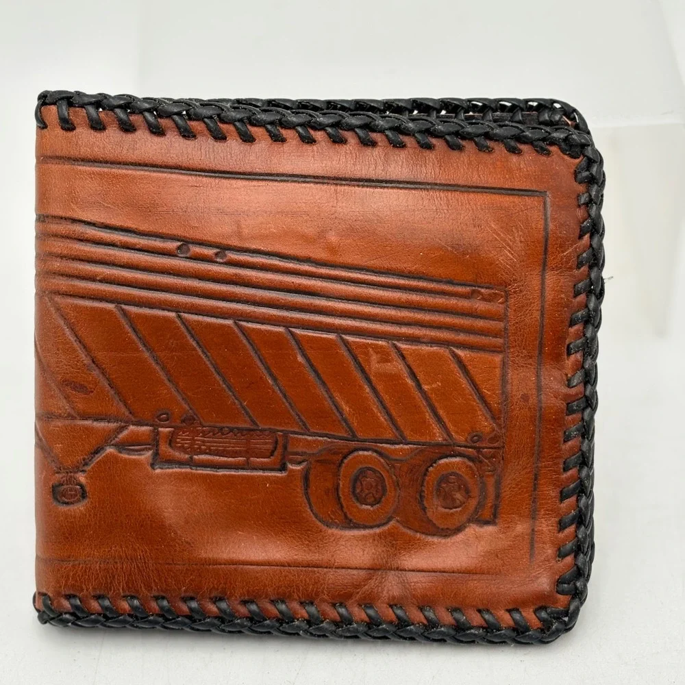Vintage Hand Tooled Brown Leather‎ Trucker Wallet Bifold Semi Truck Whipstitch